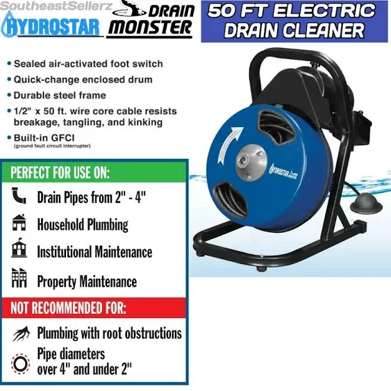 1/2 inch by 50 feet Compact Electric Drain Cleaner Drum Auger Snake (1" to 4" pipes) with Built-in GFCI and many Accessories