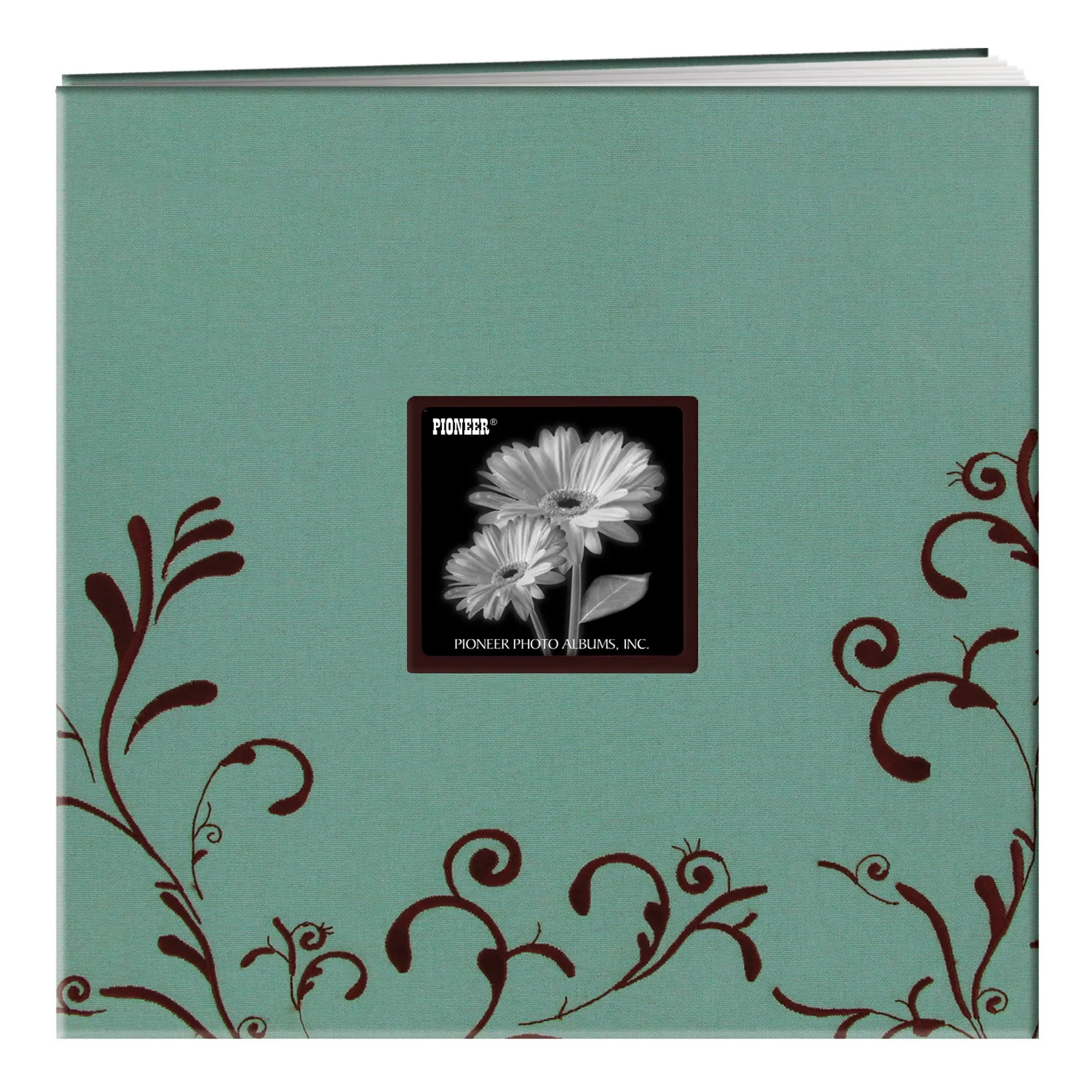 Pioneer 12 x 12-Inch Scroll Embroidery Fabric Post Bound Album, Aqua with Brown