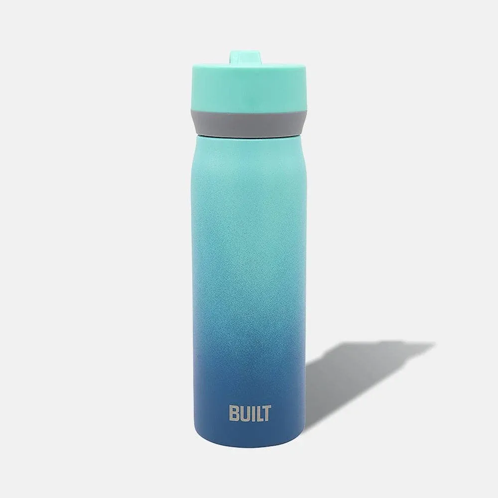 BUILT Wide Mouth Cascade Double Wall Vacuum Insulated Stainless Steel Bottle with Straw Lid, Twilight Blue Ombre, 18 Ounces