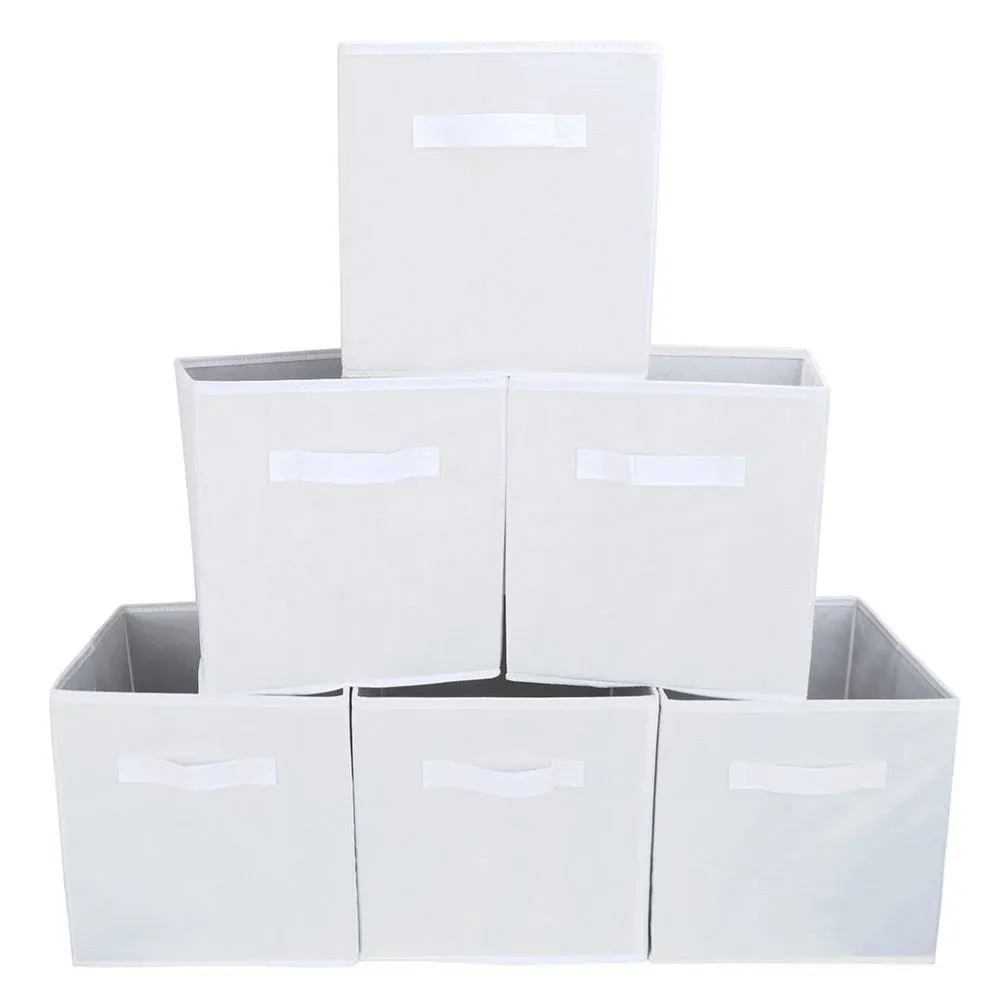 EZOWare Set of 6 Foldable Fabric Basket Bins, 10.5"x10.5"x11" Collapsible Storage Organizer Cube with Handle for Kids Clothes Baby Nursery - White