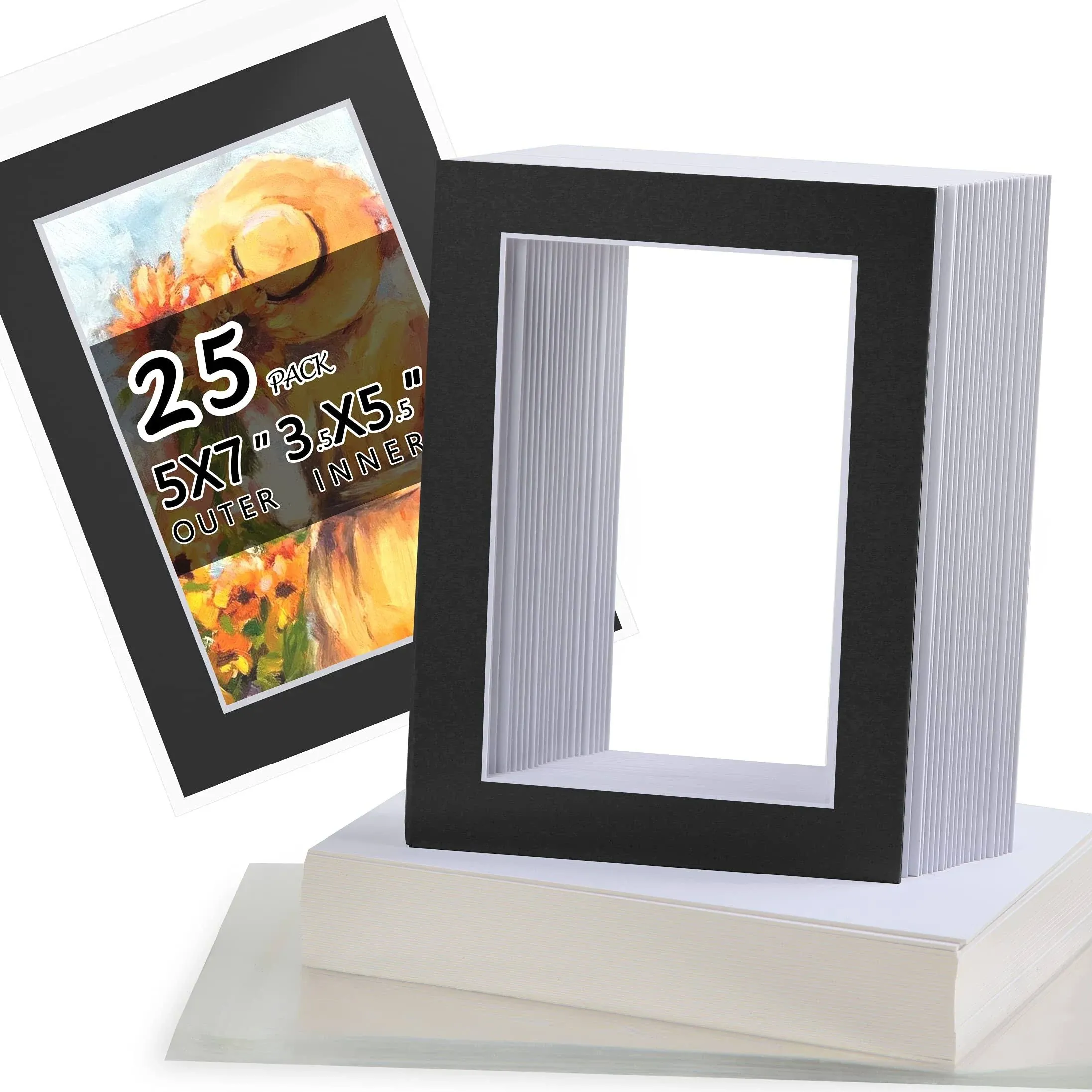 Acid Free 25 Pack 5x7 Pre-Cut Mat Board Show Kit for 4x6 Photos Prints or Art...