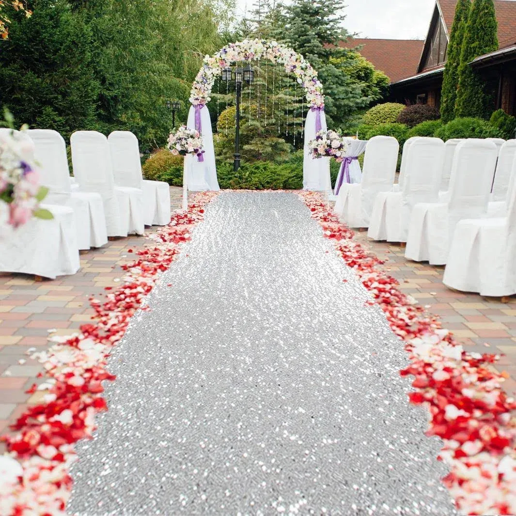 Partisout Aisle Runners for Weddings Sequin Walkway Carpets 4FTx15FT Wedding Ceremony Sparkle Rug Grass Outdoor Indoor Party Hallway Carpet Runner (Silver)