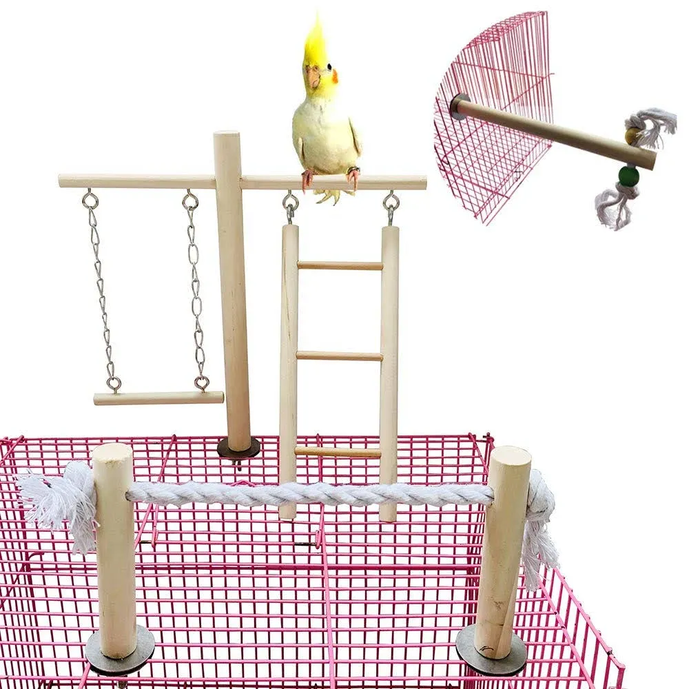 PINVNBY Natural Wood Bird Playground, Parrot Climbing Ladder Swing Toy Bird Cage Play Gyms Stand Rope Perch for Small and Medium Bird Parrot Parakeet Cockatiel Conure Love Birds Finch