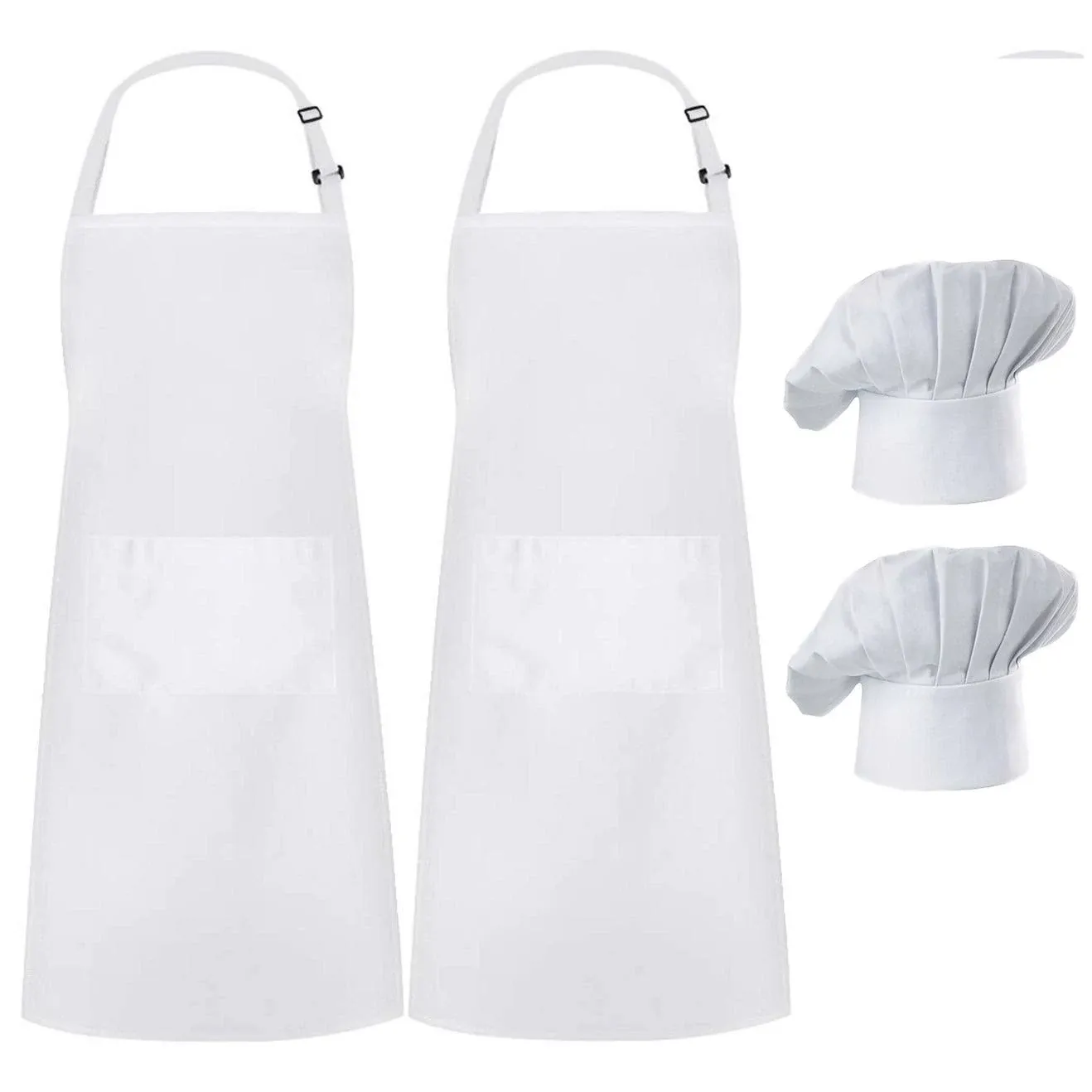 Hyzrz 2 Pack Apron Chef Hat Set, Adjustable Bib Cooking Aprons Water Drop Resistant Baker Kitchen Cooking for Women Men Chef