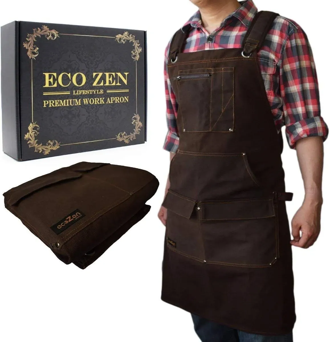 Woodworking Shop Apron - 16 oz Waxed Canvas Work Aprons | Metal Tape holder, Fully Adjustable to Comfortably Fit Men Size S to XXL | Tough Tool Apron to Give Protection, Ideal Fathers Day GIft for Dad