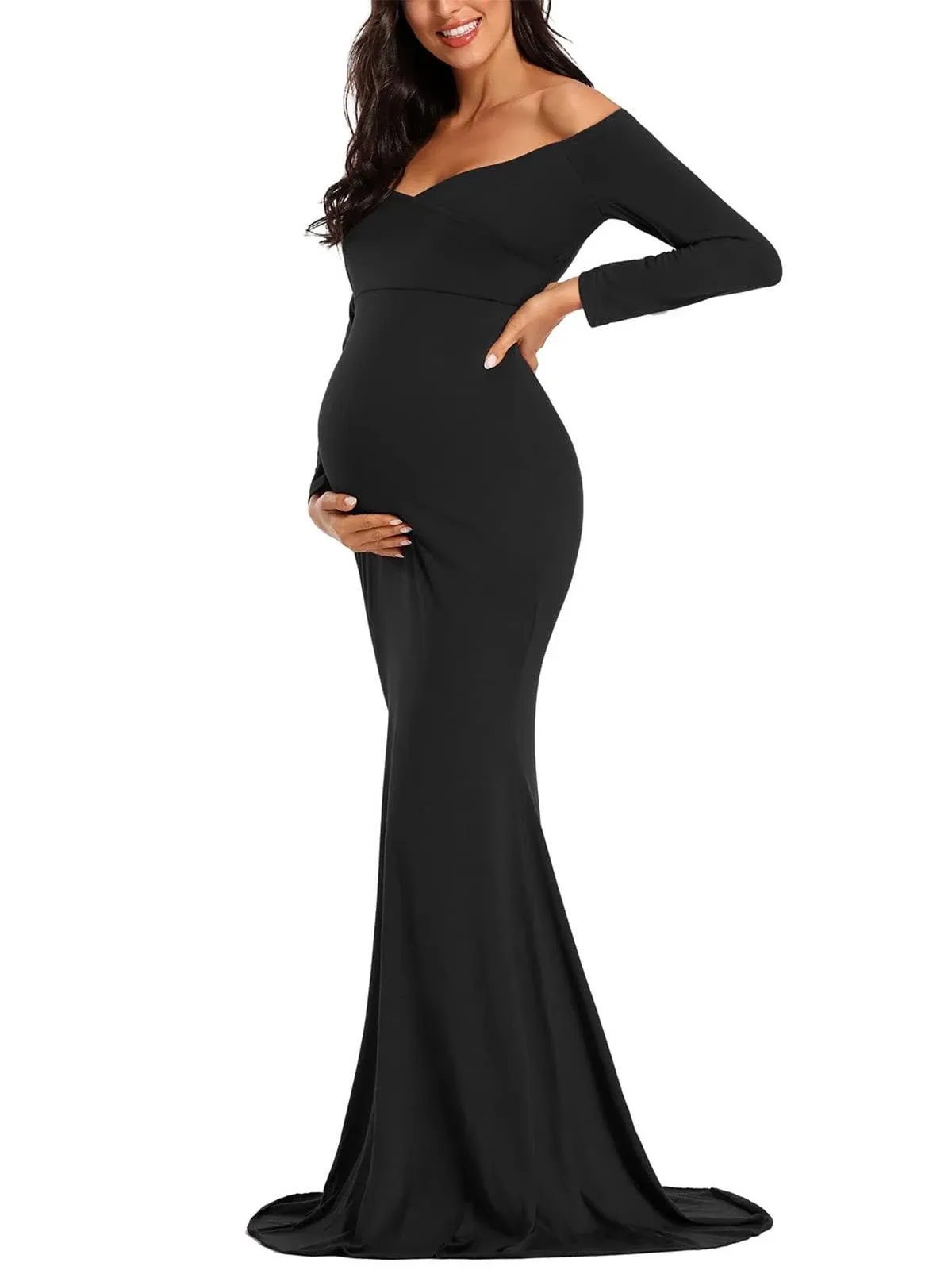 Ecavus Women's Off Shoulder Maternity Dress Slim Cross-Front V Neck Long Sleeve Gowns for Photoshoot