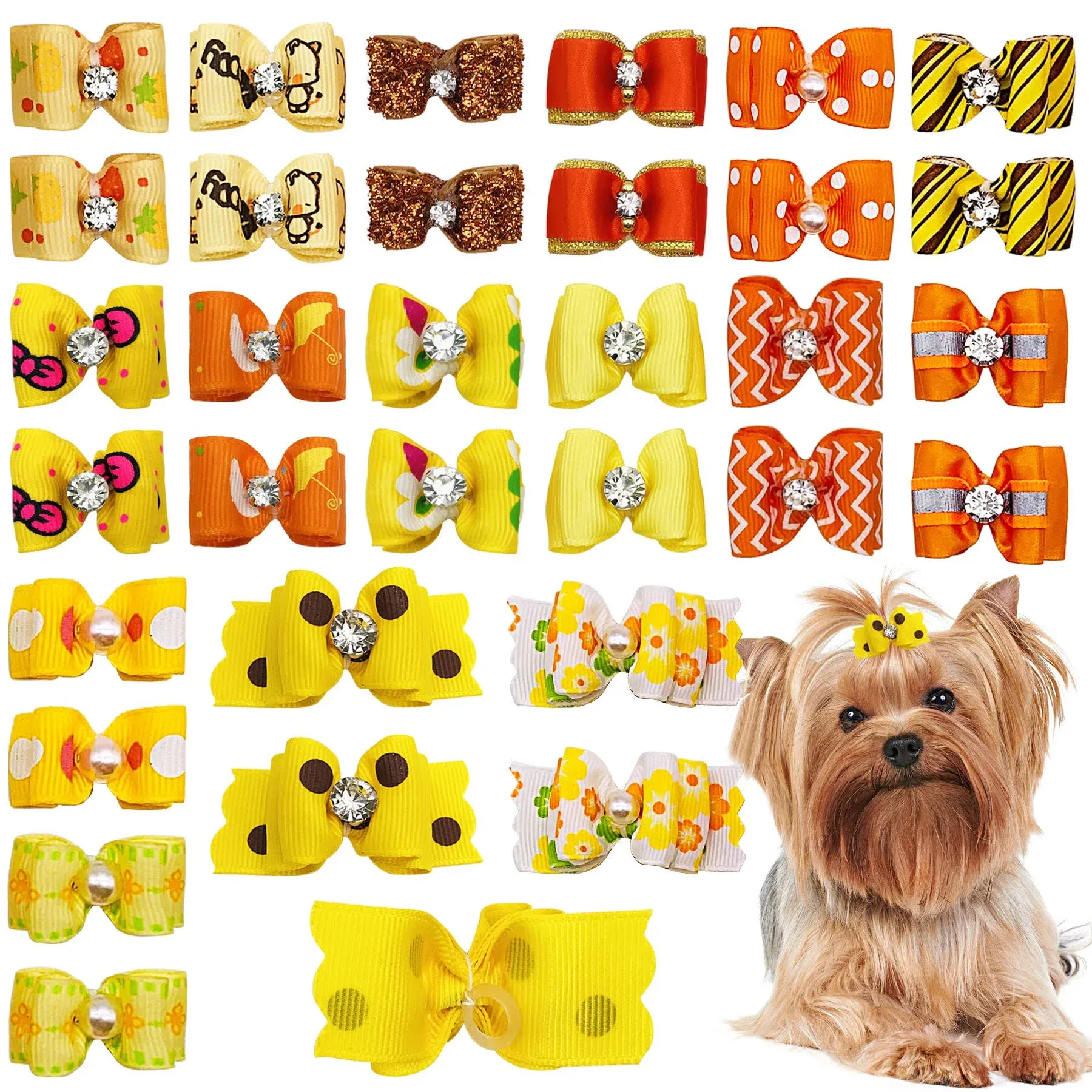 PET SHOW Mixed Styles Pet Cat Puppy Topknot Small Dog Hair Bows with Rubber Bands Grooming Accessories Orange Pack of 20