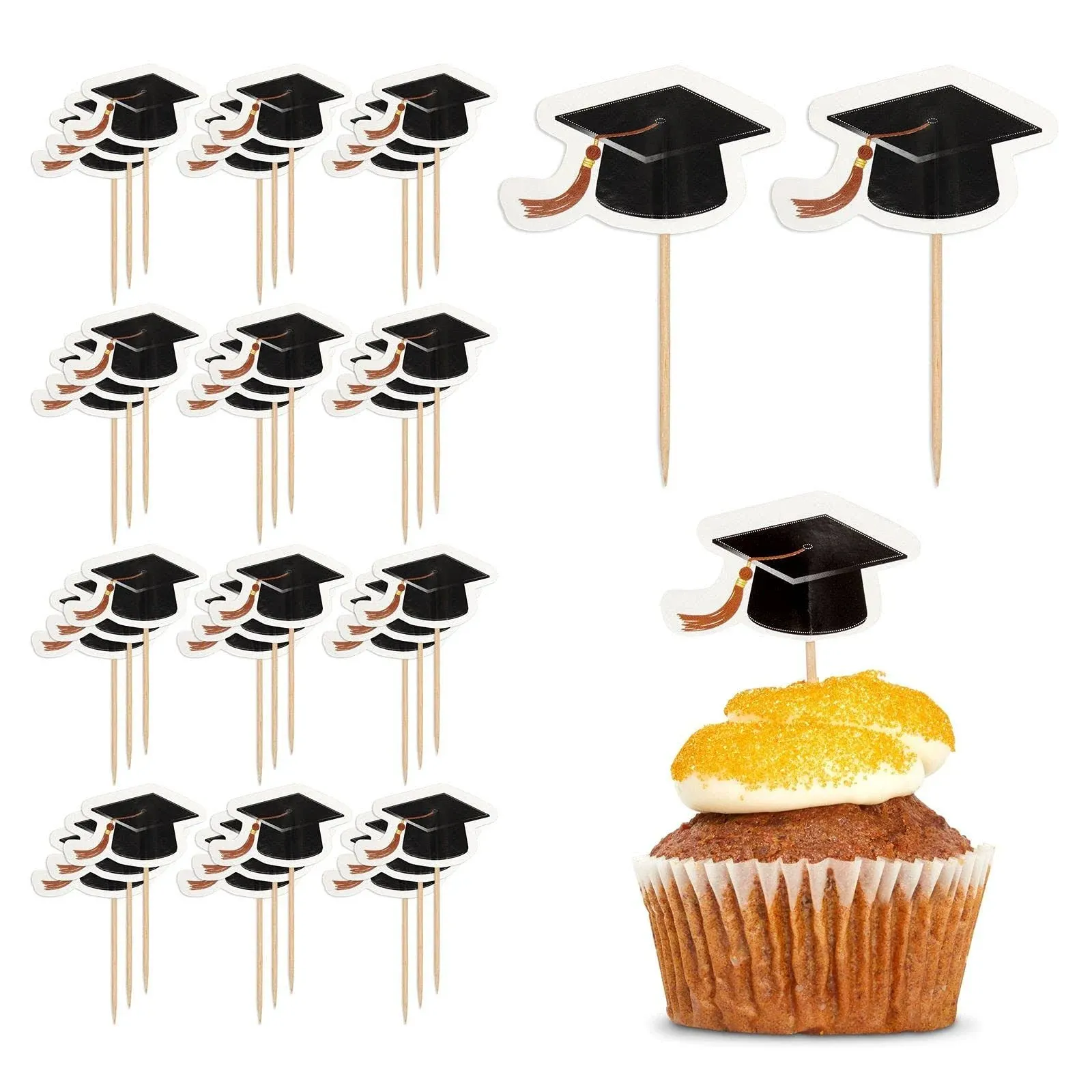 Blue Panda 200 Pack Bamboo Grad Hat Cocktail Sticks & Cupcake Toppers, Class of 2022 Graduation Party Supplies Decorations, 3.25 in