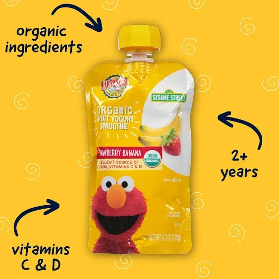 Earth's Best Organic Kids Snacks, Sesame Street Toddler Snacks, Organic Fruit Yogurt Smoothie for Toddlers 2 Years and Older, Strawberry Banana, 4.2 oz Resealable Pouch (Pack of 16)