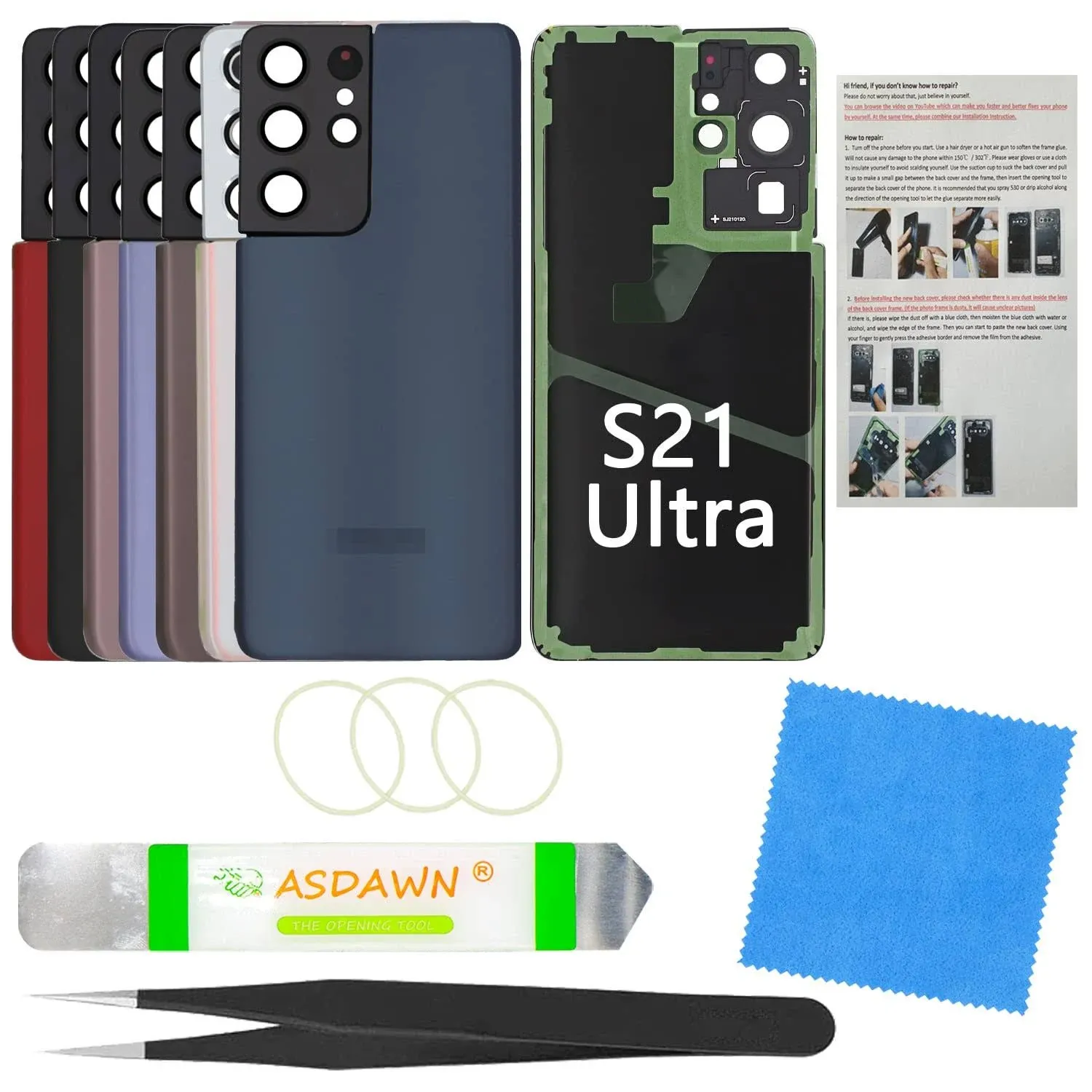 Galaxy S21 Ultra Replacement Back Glass Cover with Pre-Installed Camera Lens + All The Adhesive + Repair Tool Kit for Samsung Galaxy S21 Ultra 5G SM-G998 All Carriers (Phantom Navy)