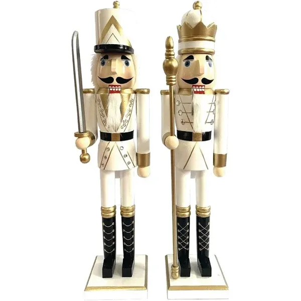 Set of 2 White and Gold King and Guard Jeweled Christmas Nutcrackers 24"