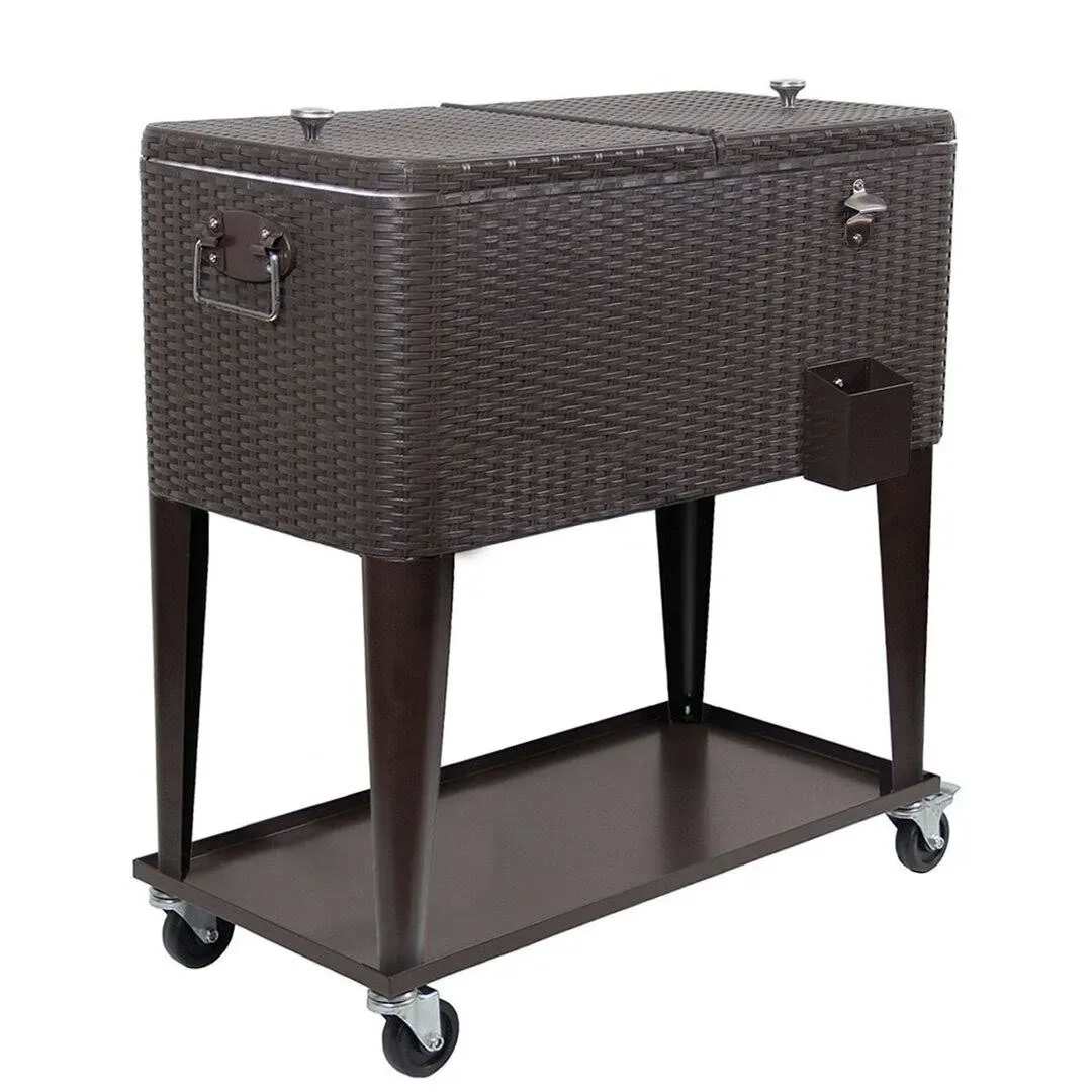 Home Aesthetics Outdoor Patio Rolling Cooler Cart 80 qt Wicker Ice Chest Beverage Brown Rattan