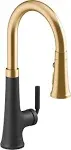 Tone Single Handle Pull Down Sprayer Kitchen Faucet in Matte Black with Moderne Brass