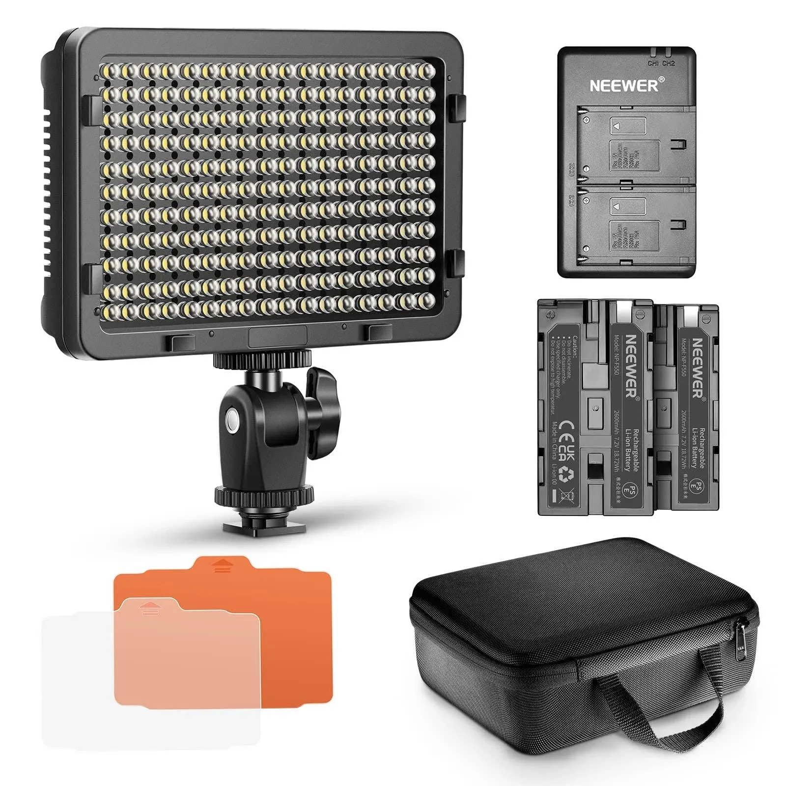 Neewer Dimmable 176 LED Video Light Lighting Kit: 176 LED Panel 3200-5600K, 2 Pieces Rechargeable Li-Ion Battery, USB Charger and Portable Durable