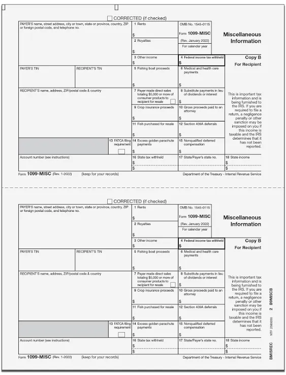 2023 1099-MISC Miscellaneous Income Preprinted 4-Part 2-Up Tax Packs with Envelopes (Self-Seal) and 1096 Transmittal Forms | Qty for 10 Vendors