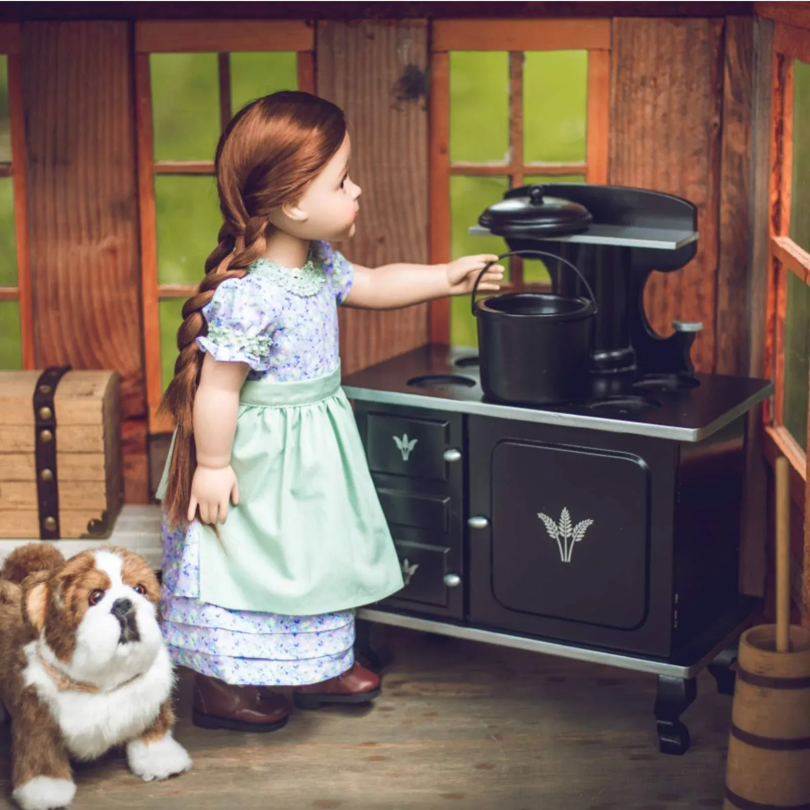 THE QUEEN'S TREASURES 18 Inch Doll Kitchen Furniture, Little House on The Prairie Fully Assembled Old Fashioned Wood Cook Stove, Oven, and Log Set, Compatible with American Girl 18 Inch Dolls