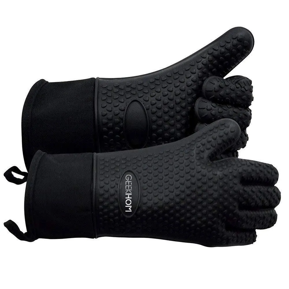 Grilling Gloves Heat Resistant Oven Gloves, Long Waterproof Non-Slip (Black)