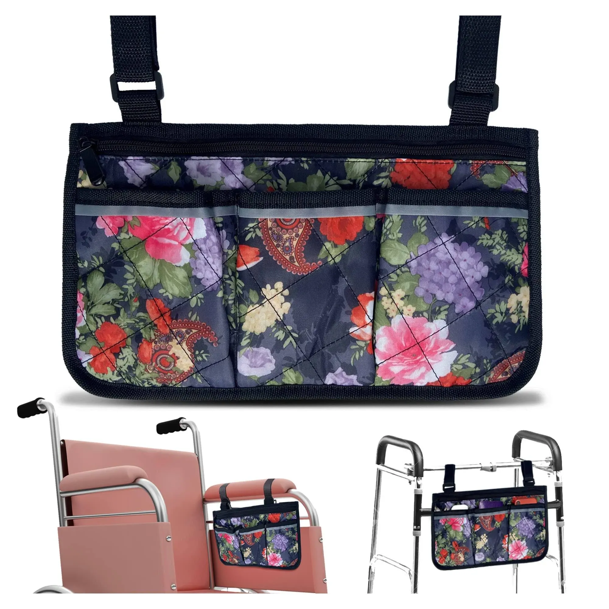 Wheelchair Bag, Walker Bag, Walker and Wheelchair Accessories for adults, Water Resistant Storage Pouches for rollator, Electric Wheel Chair (armrest, Back Handle), Seniors, Gift for Woman, Floral