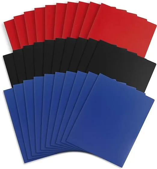 Blue Summit Supplies Plastic Pocket Folders, No Prongs, Assorted Bold Colors, 30 Pack