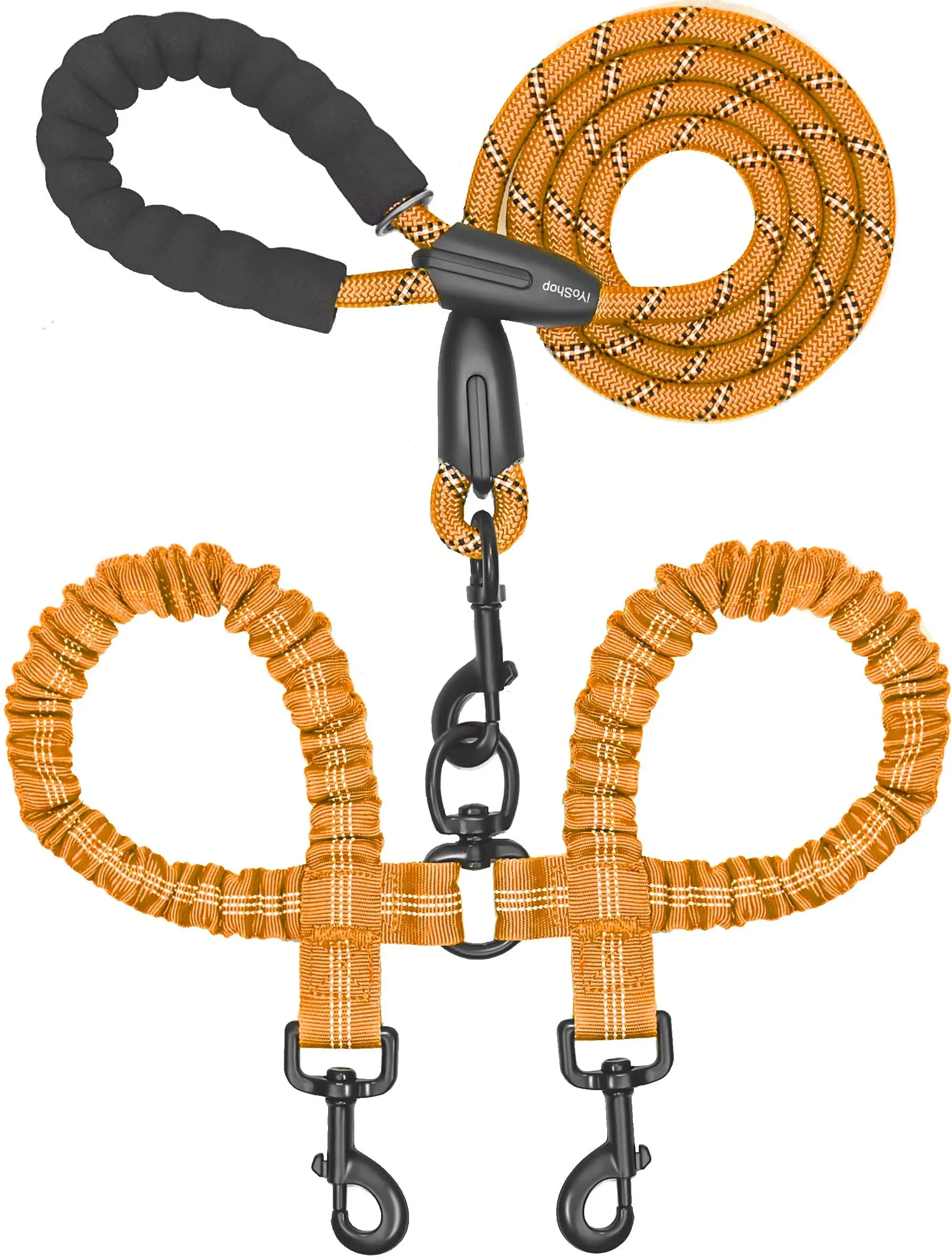 iYoShop Dual Dog Leash, Double Dog Leash, 360 Swivel No Tangle Walking Leash, Shock Absorbing Bungee for Two Dogs, Orange, Large (25-150 lbs)