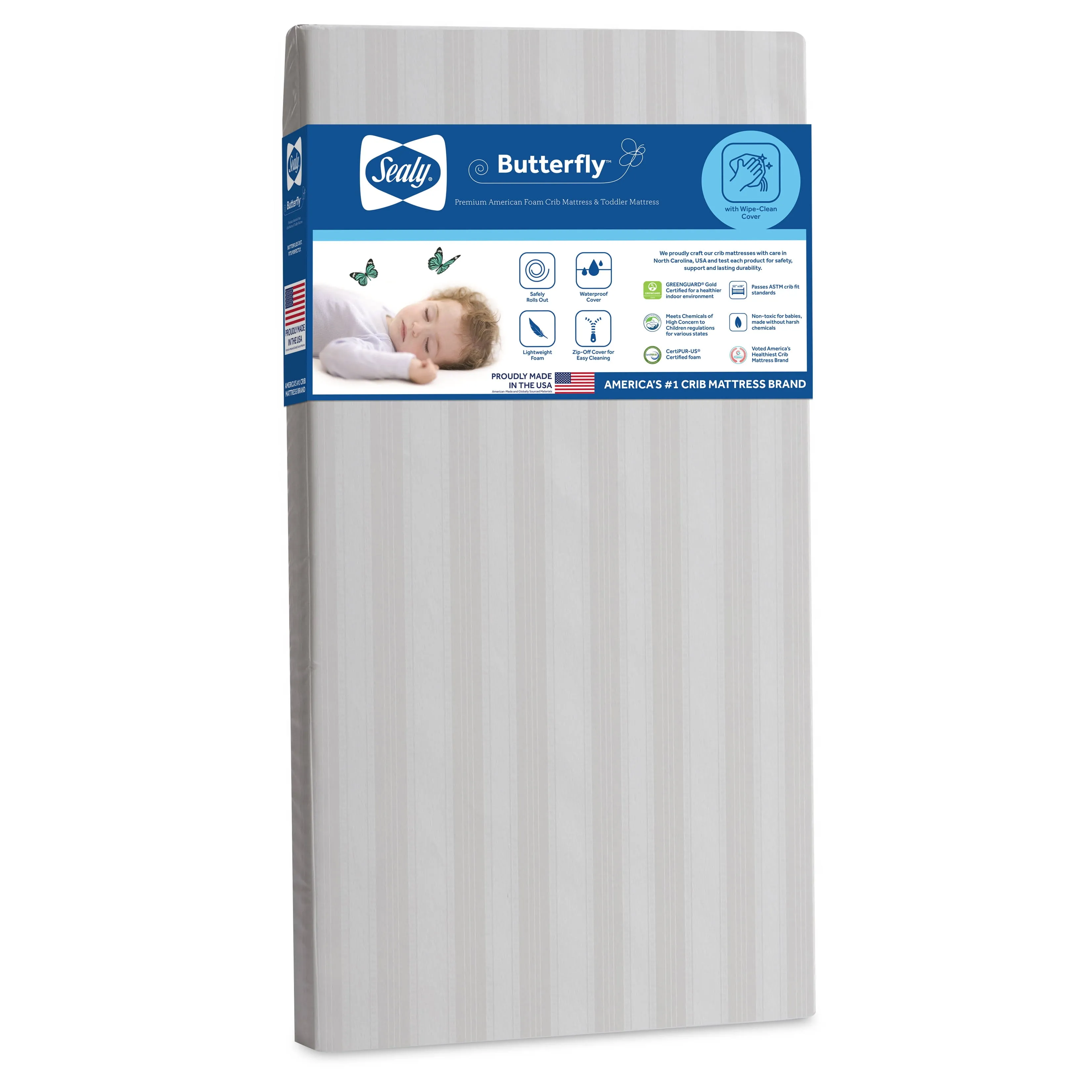 Sealy Butterfly Premium Foam Baby Crib Mattress & Toddler Bed Mattress, Hypoallergenic Wipe-Clean Waterproof Encasement Crib Mattress Cover, GREENGUARD GOLD Certified, Made in USA, 52"x28" - White