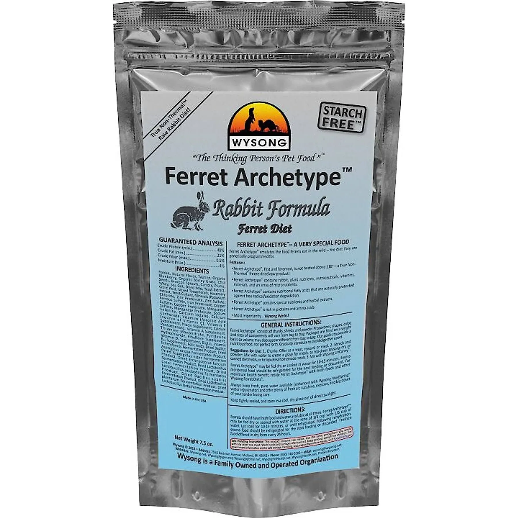 Wysong Ferret Archetype - Raw Ferret Food - 7.5 Ounce Bag Rabbit Formula