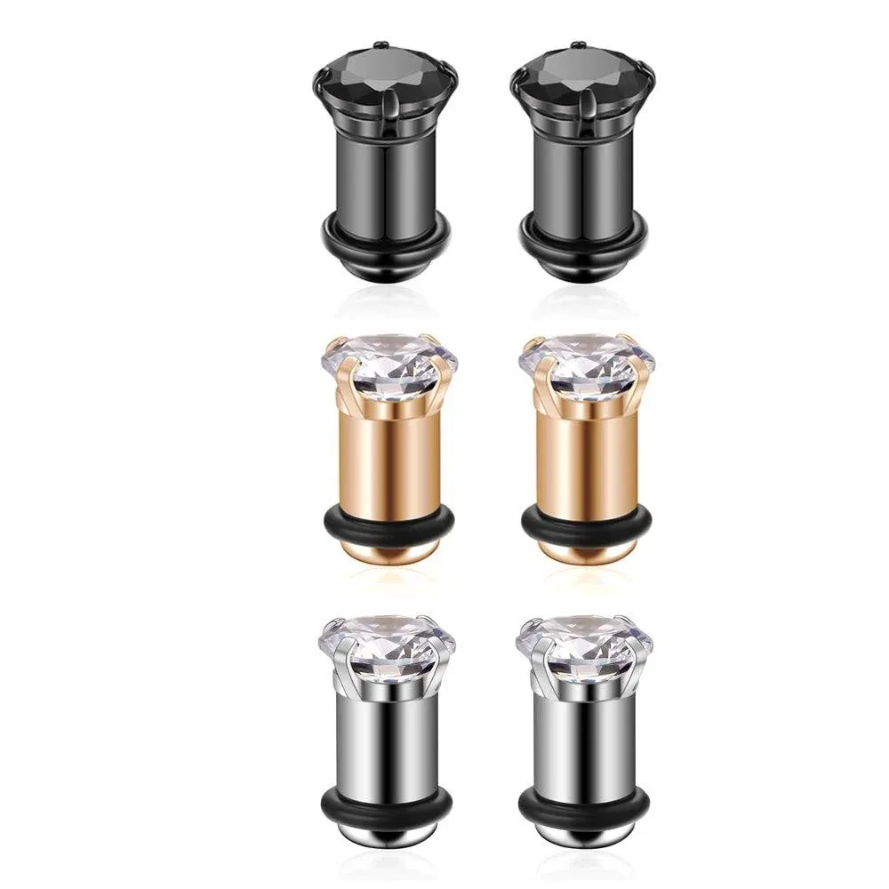 6Pcs Lightweight Ear Gauges Plugs Ear Tunnels 2G 4G 6G 8G 6mm 5mm 4mm 3mm 316L Stainless Steel Body Piercing Plugs Prong Set CZ Ear Stretcher Expander Plugs with Rubber O-Rings