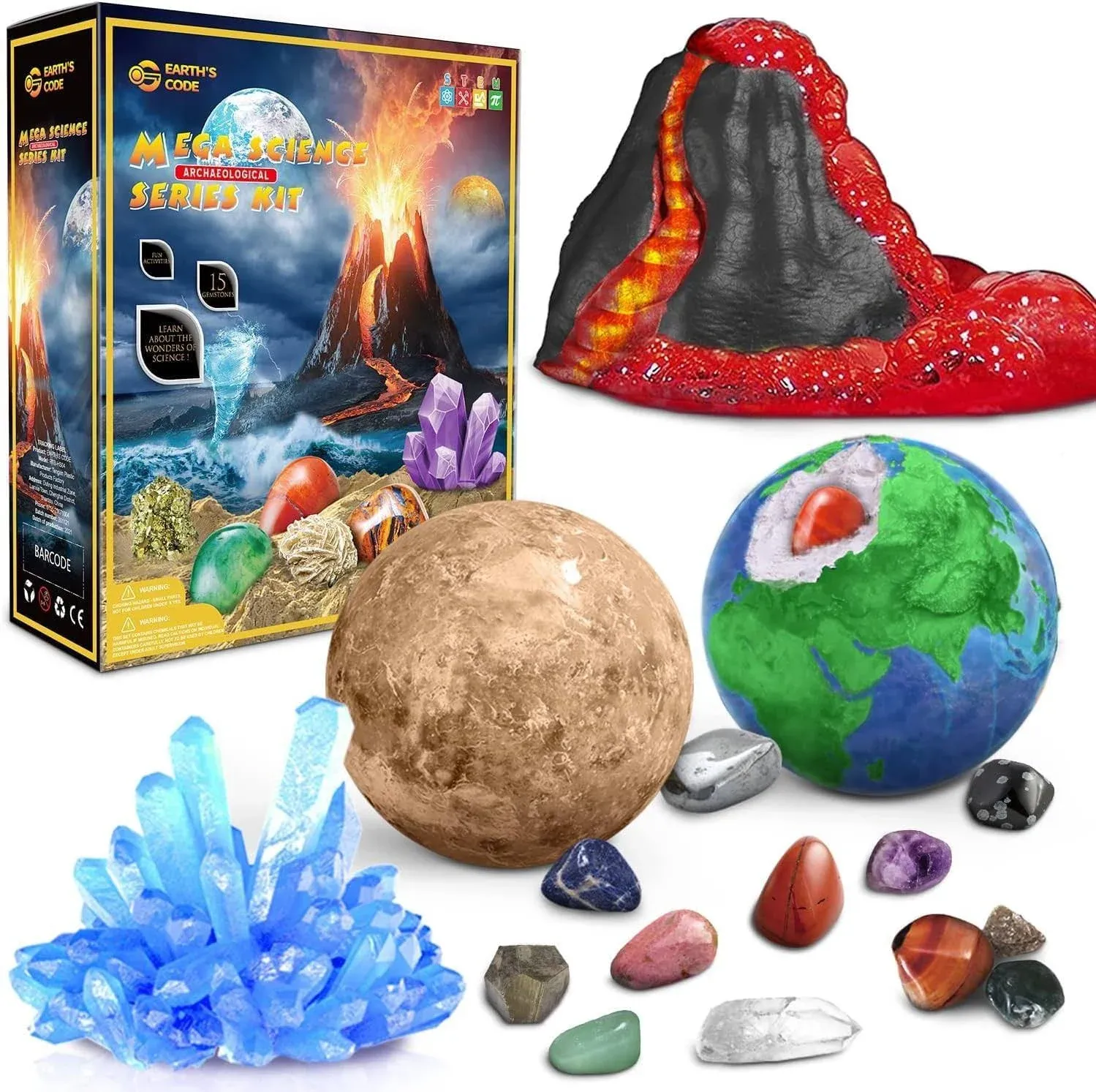 EARTH'SCODE 25PCS Science Kit - Volcano Science Kit for Kids Age 6-8 8-12 Planet Gemstones Dig Kit DIY Crystal Growing Kit Make a Volcano STEM Science Educational Toys for Girls and Boys