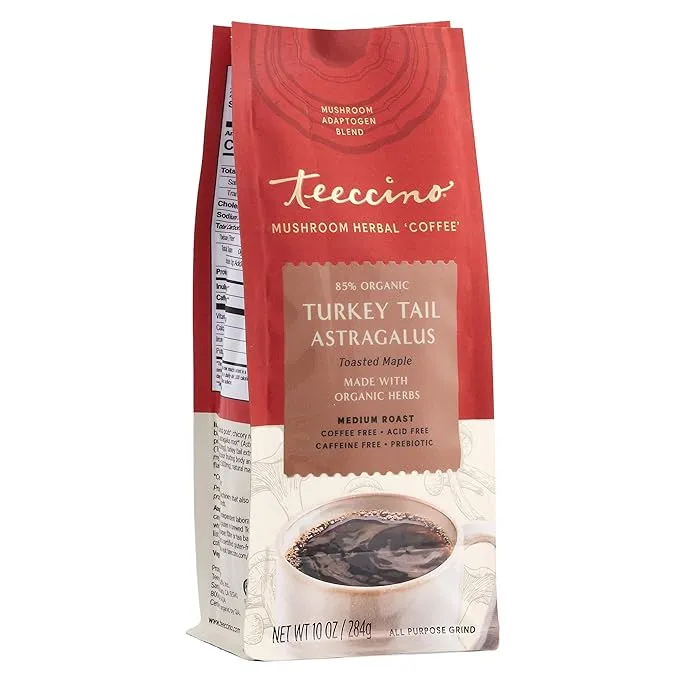 Teeccino, Mushroom Herbal Tea, Turkey Tail Astragalus, Caffeine Free, 10 Tea Bags, 2.12 oz (60 g)