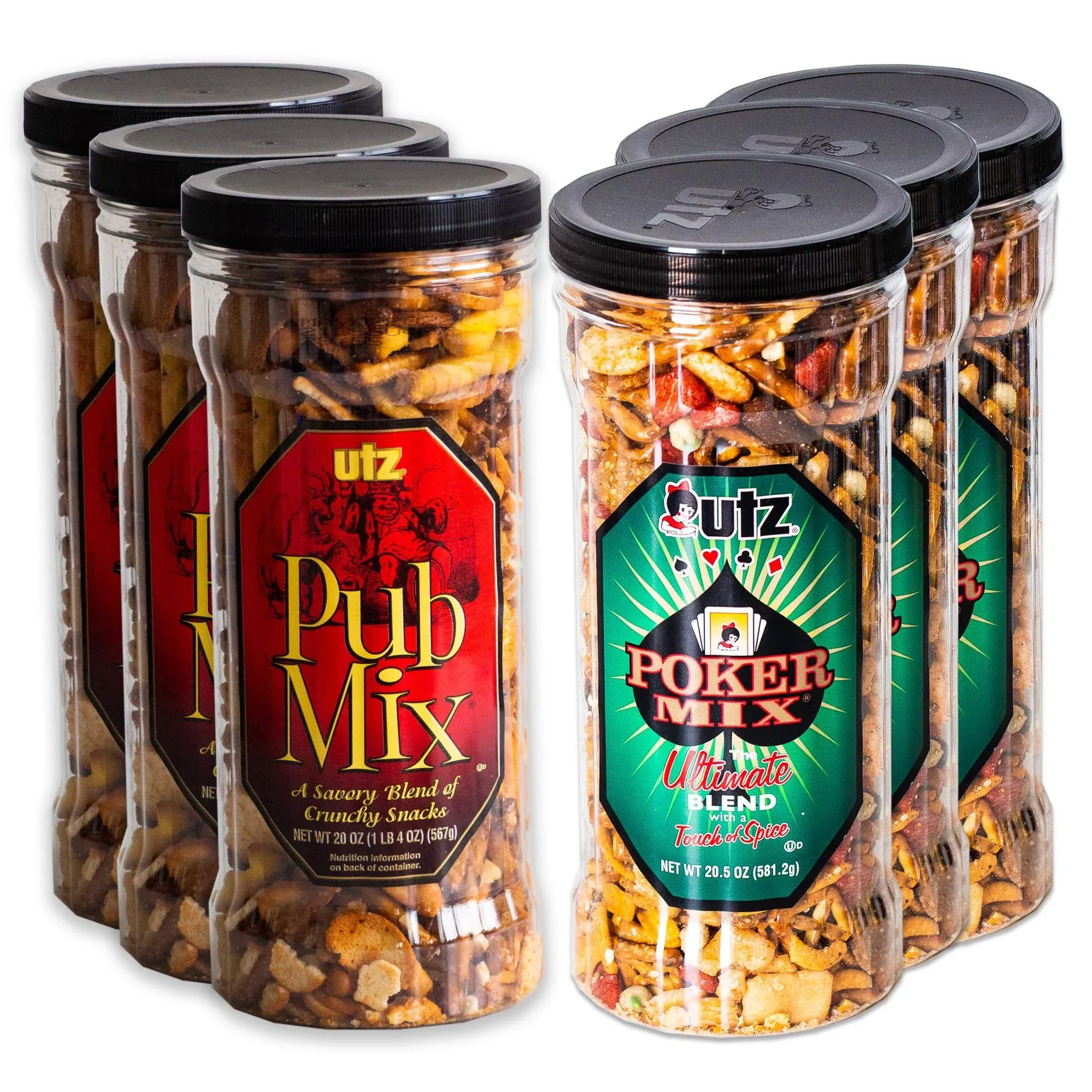 Utz Pub Mix (3, 20oz barrels) - Variety Pack - Utz Poker Mix (3, 20.5 oz barrels) - Savory, Sweet, Crunchy - 6 Barrels Total