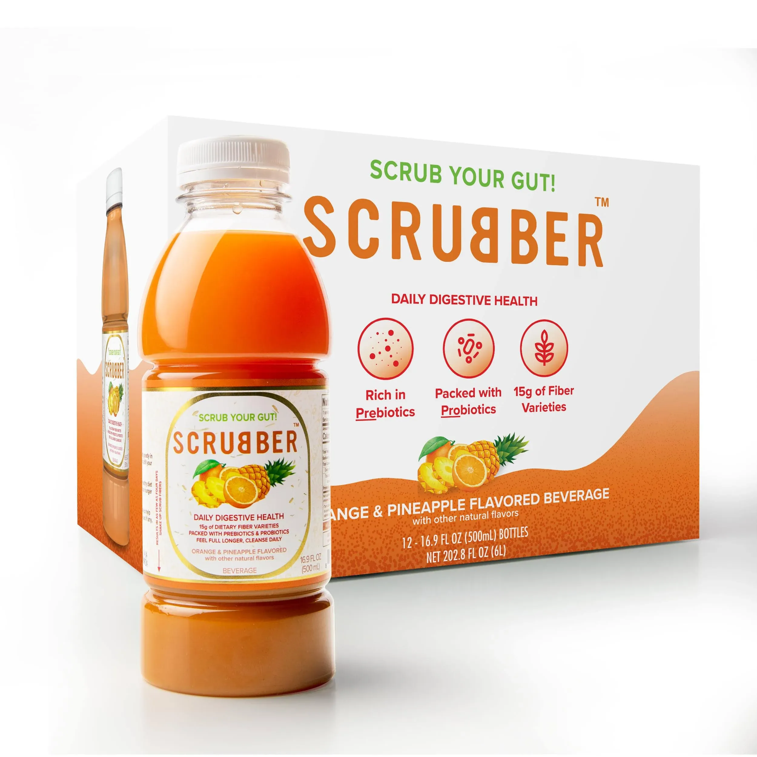 Scrubber Fiber-Infused Fruit Juice w/Probiotics + Prebiotics for Daily Digestive Health, Immune Support, Regularity & Weight. 16.9 OZ Natural Beverage, Orange & Pineapple, 12-Pack