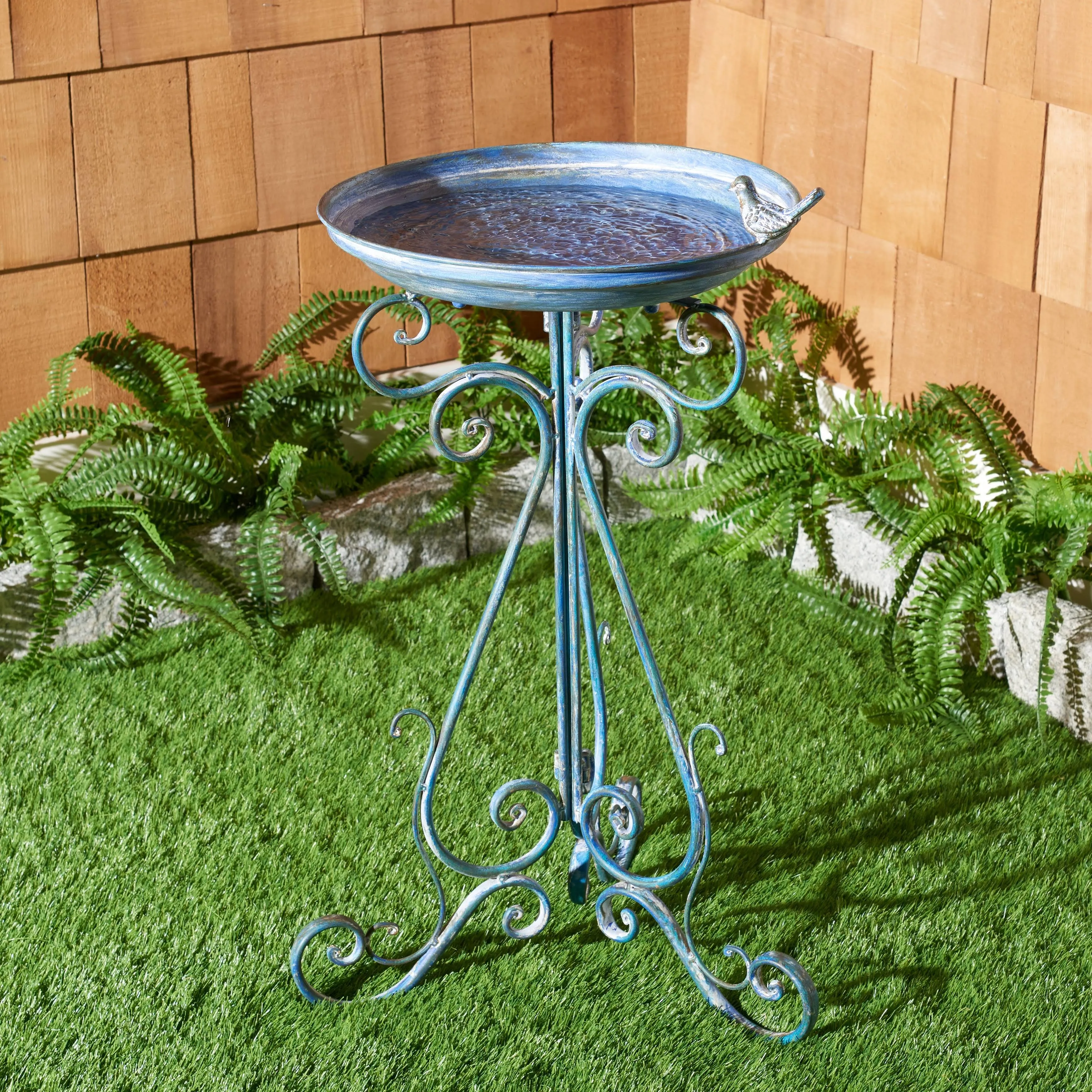 SAFAVIEH Outdoor Collection Ashlan Antique Blue Victorian Scroll Iron Garden Patio Backyard Charming Bird Bath