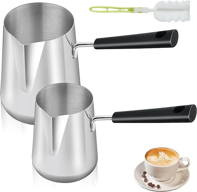 Elesunory Set of 2 Milk Warmer Pot, 11.83oz/30.43oz Turkish Coffee Pot, Stainless Steel Butter Warmer with Pouring Spout, Butter Warmer Pot for Making Coffee, Butter, Milk and Chocolate