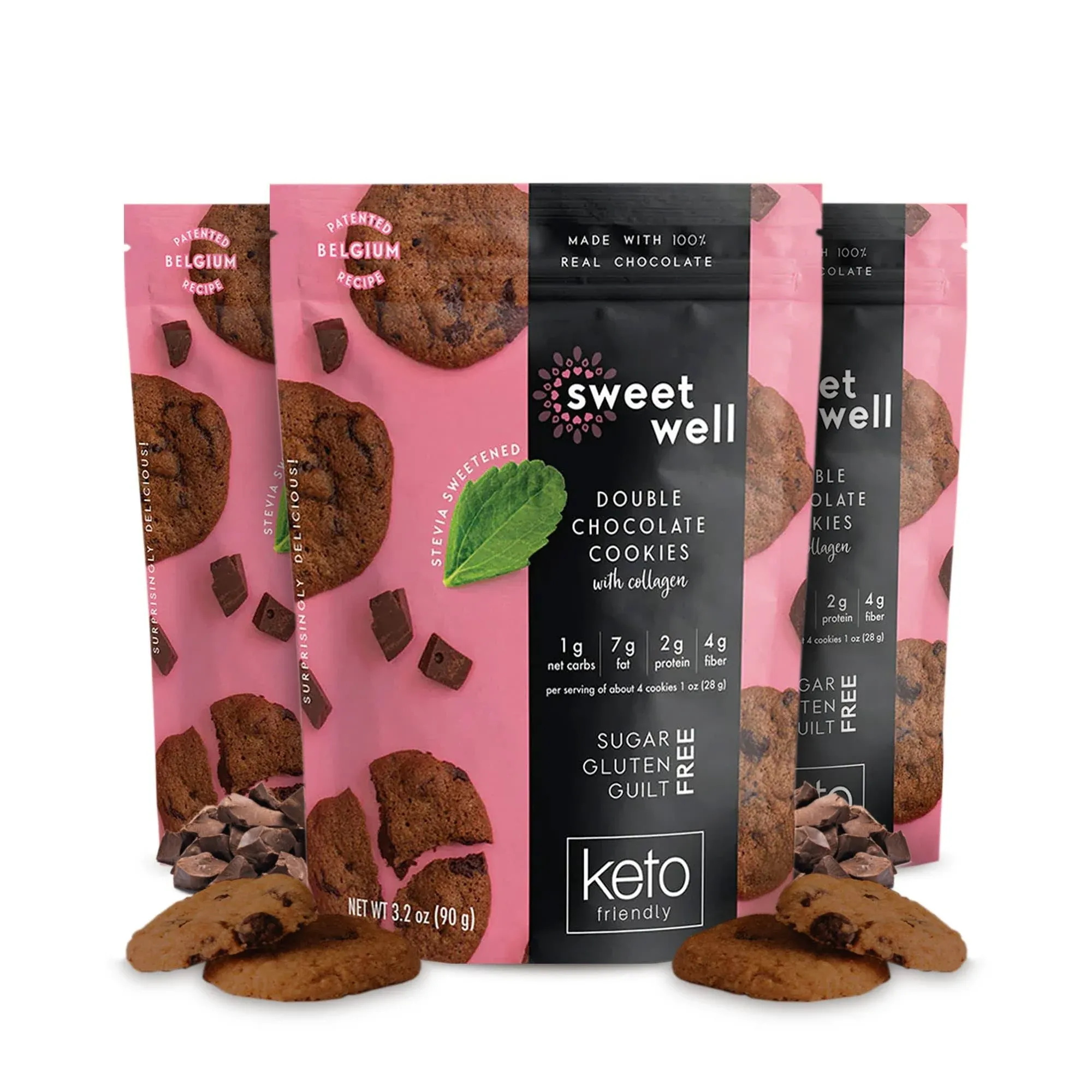 Double Chocolate Cookies, Low Carb Keto Cookies, Gluten-Free Keto Snack with Real Chocolate, Stevia Sweetener and Collagen, Sugar-Free, 3.2 oz Each, Pack of 3 - Sweetwell