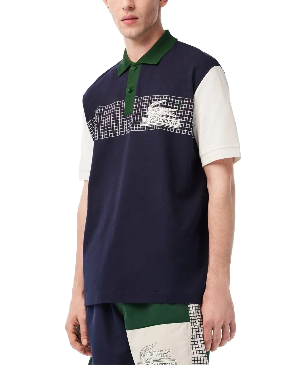 Lacoste Navy Blue/Flour Green Men's Loose Fit Pique Polo Shirt, US 2X-Large