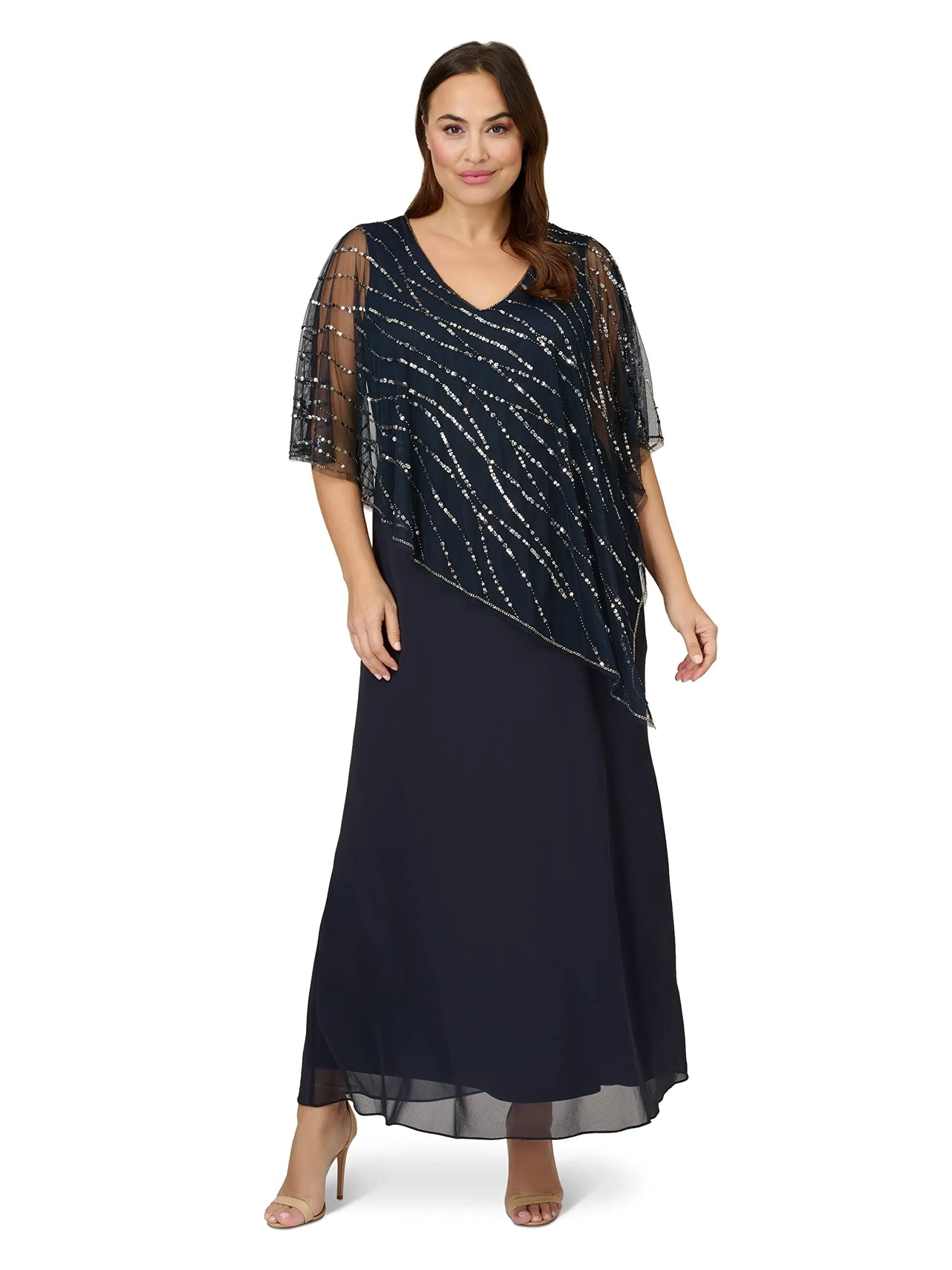 Adrianna Papell Plus Size Hand-Beaded Popover Long Dress in Midnight