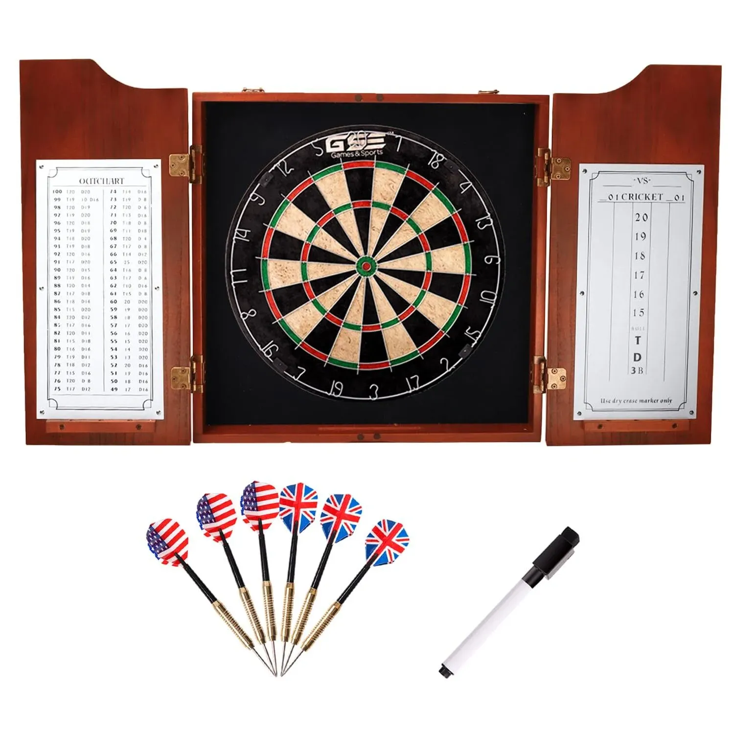 GSE Games & Sports Expert Solid Wood Dartboard Cabinet Set with Bristle Dart ...