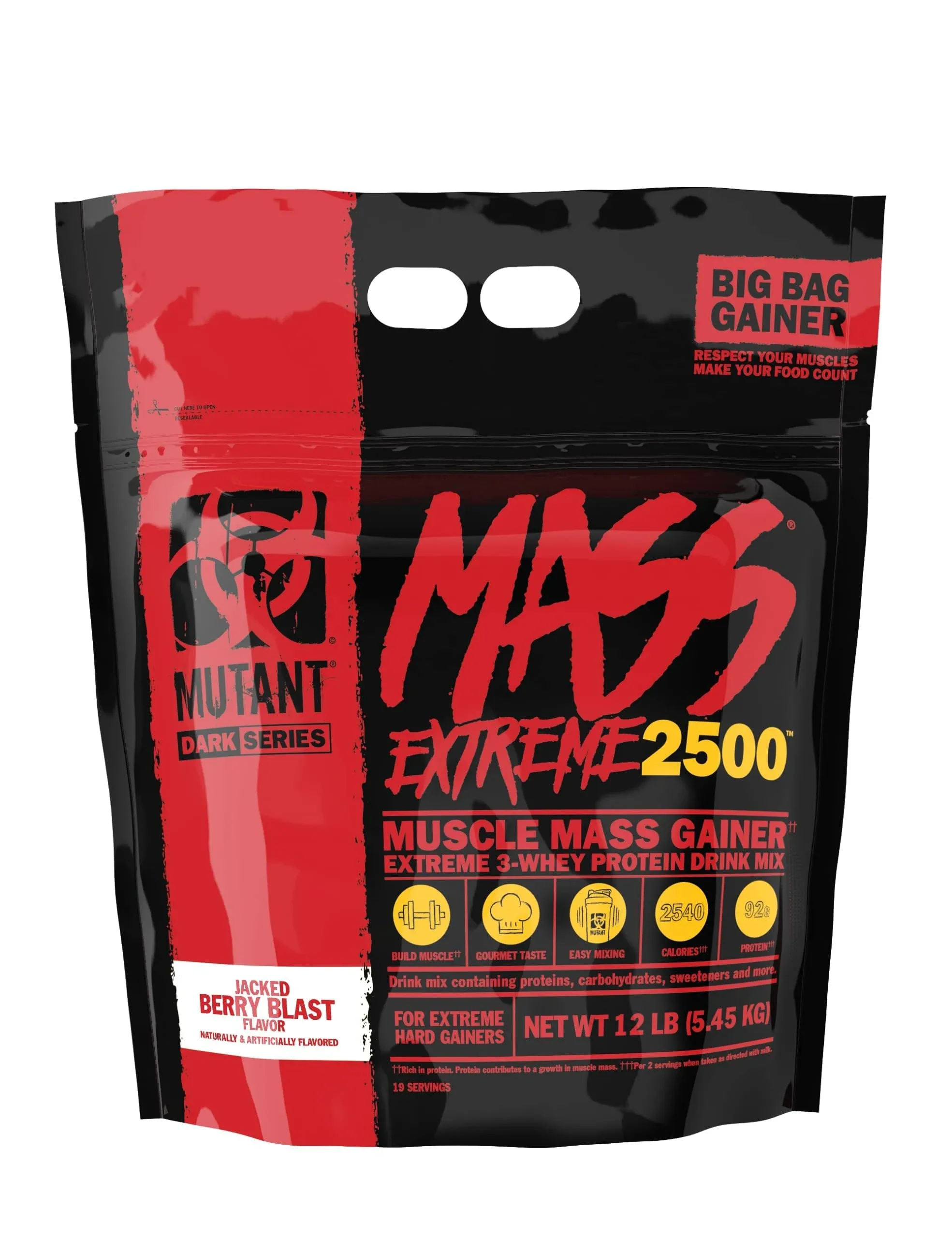 Mutant Mass Extreme Gainer – Whey Protein Powder – Build Muscle Size and Strength – High Density Clean Calories (Jacked Berry Blast, 12 lbs)