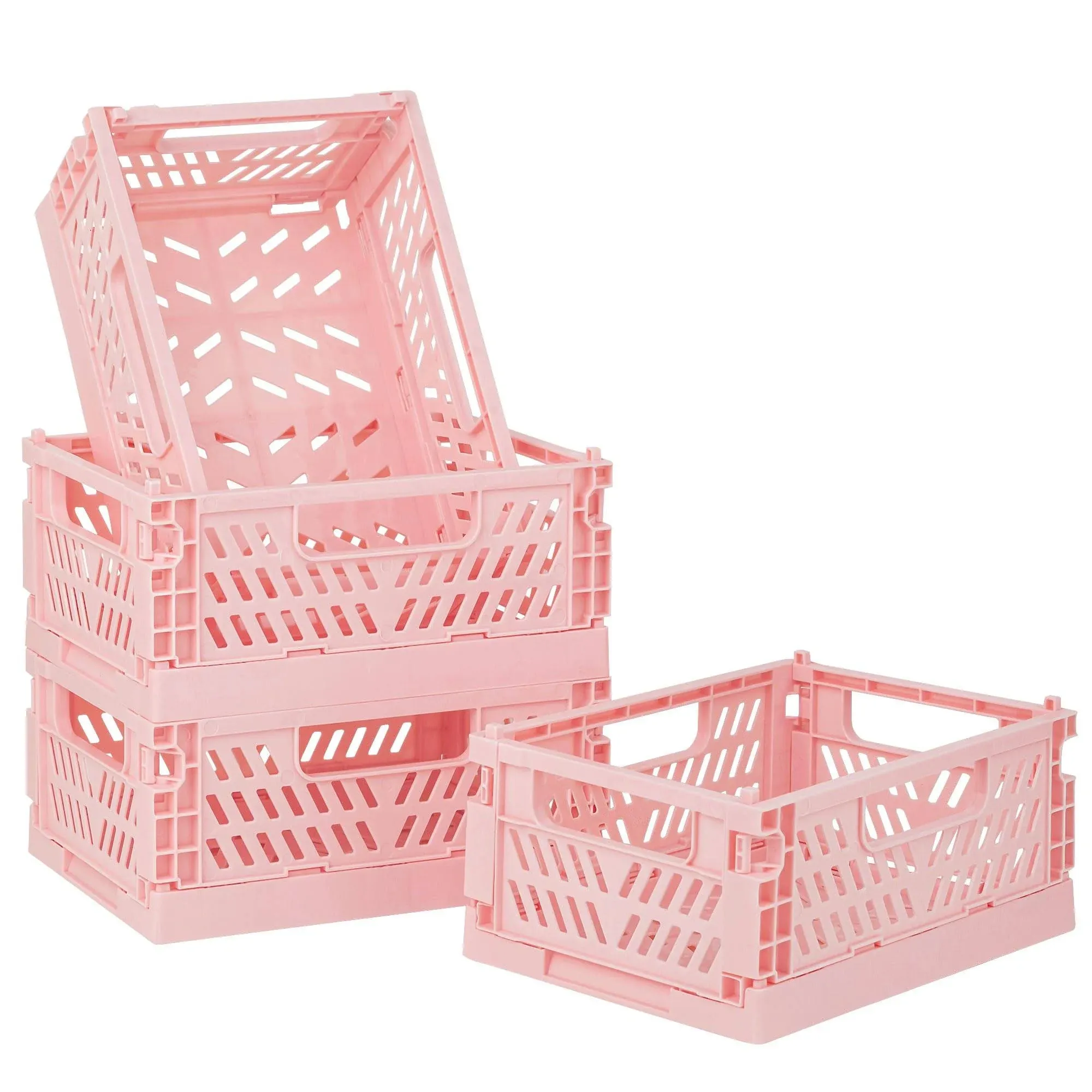 4-Pack Pink Plastic Storage Crate Small Baskets for Organizing Collapsible Storage Crates for Desk Organizers,Stackable Cute Storage Bins for