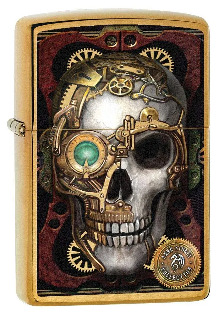 Zippo Lighter: Anne Stokes Steampunk Skull - Brushed Brass