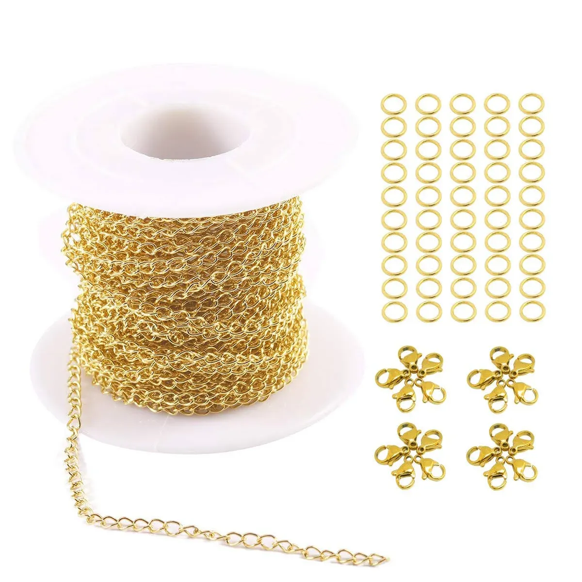 Tiparts 30ft 18K Gold Plated Cable Chains Stainless Steel Extender Chains Link Necklace Bulk for Jewelry Making with with 20 Lob