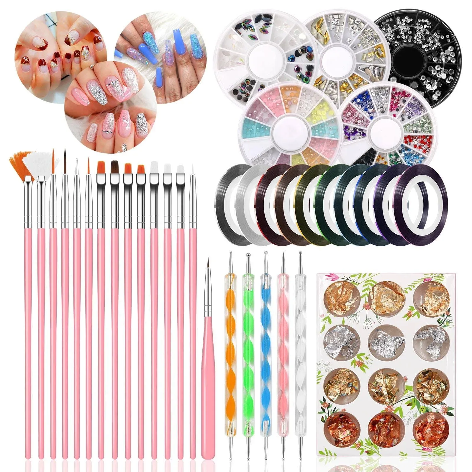 Nail Art Pens Nail Kit 47 Pcs, Dotting Foil 15 Pcs Nail Designer Kit Set, Designer Nail Foil, Paillette Decoration Manicure 5 Boxes Rhinestones Tape Color for Nails