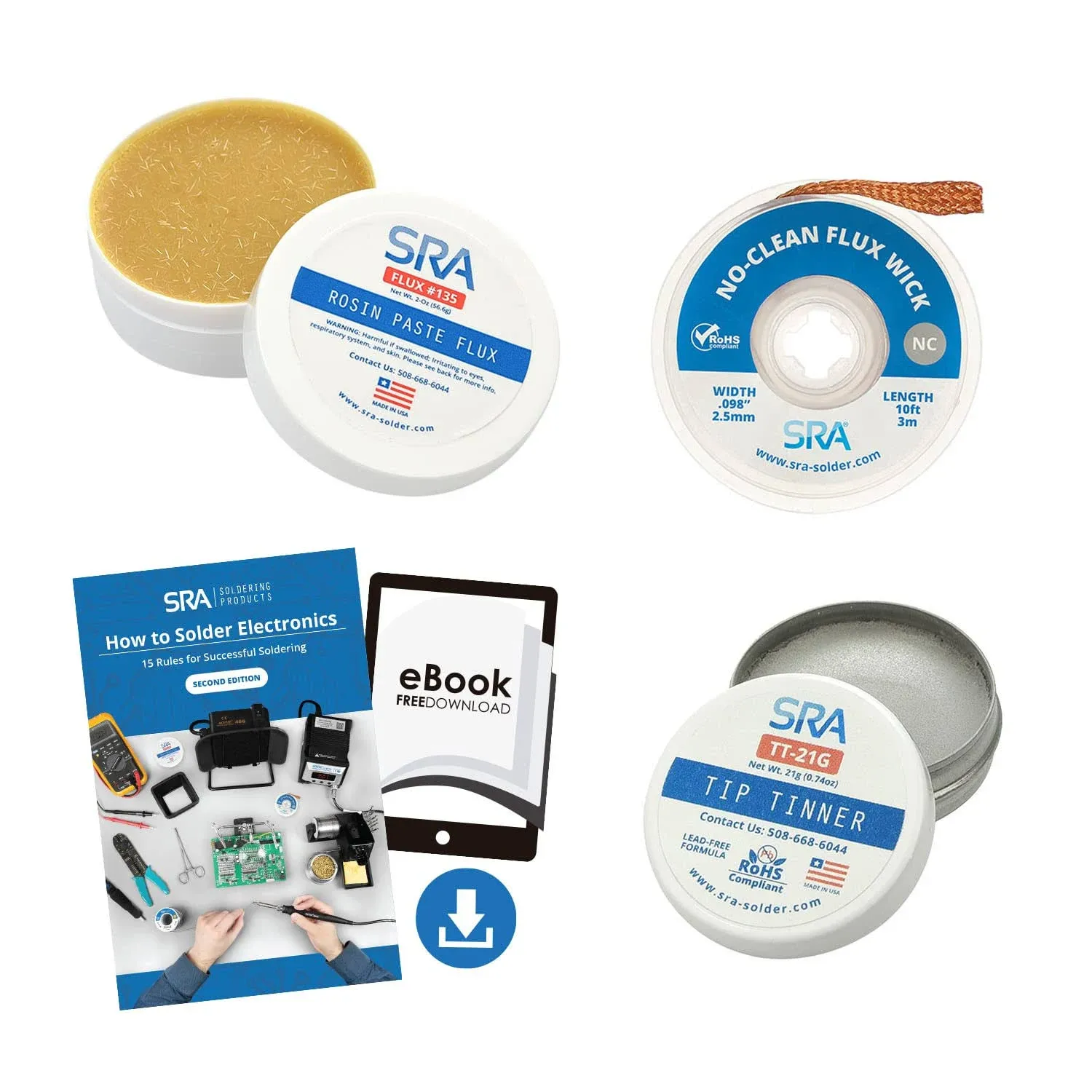 SRA Solder Upgrade Kit - USA Made Rosin Electronics Flux Soldering Paste, Lead Free Tip Tinner for Iron Maintenance, 10' Copper Braid Desoldering Wick .098" and How to Solder PDF Guide