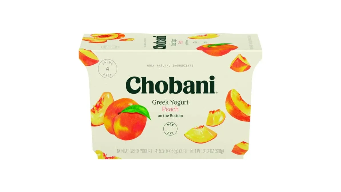 Chobani Yogurt, Non-Fat, Greek, Peach, On the Bottom, Value 4 Pack - 4 pack, 5.3 oz cups