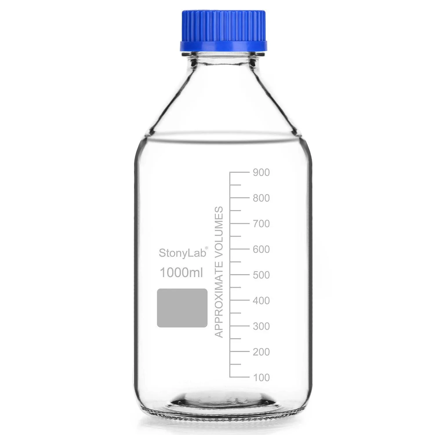 stonylab Graduated Storage Bottles with GL45 Screw Cap, 1000 ml Borosilicate Glass Clear Round Lab Reagent Media Storage Bottles with Blue Screw Cap, 1 Pack