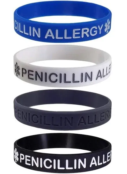 PENICILLIN ALLERGY Medical Alert ID Silicone Wristbands Adult Size (4 Pack)