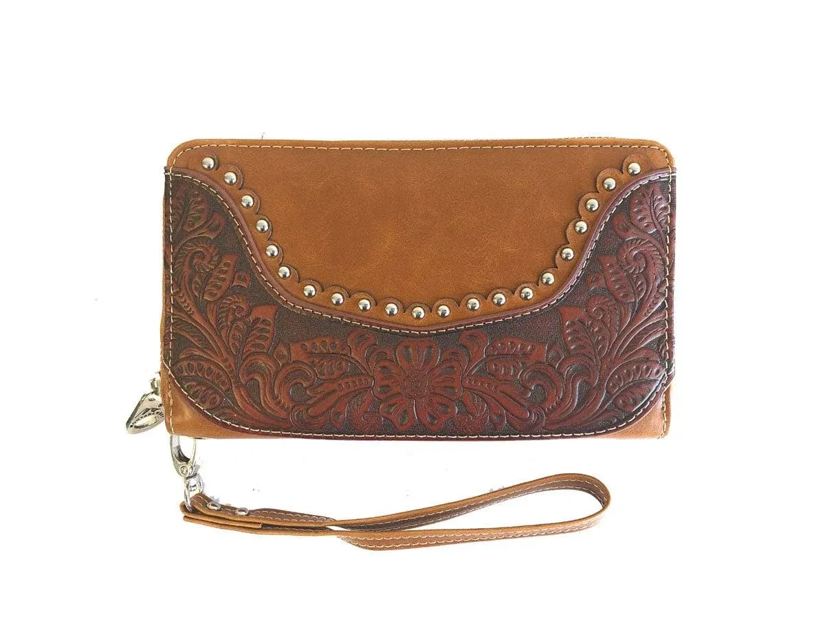 Montana West 2-in-1 Tooled Leather Wristlet Wallet Brown