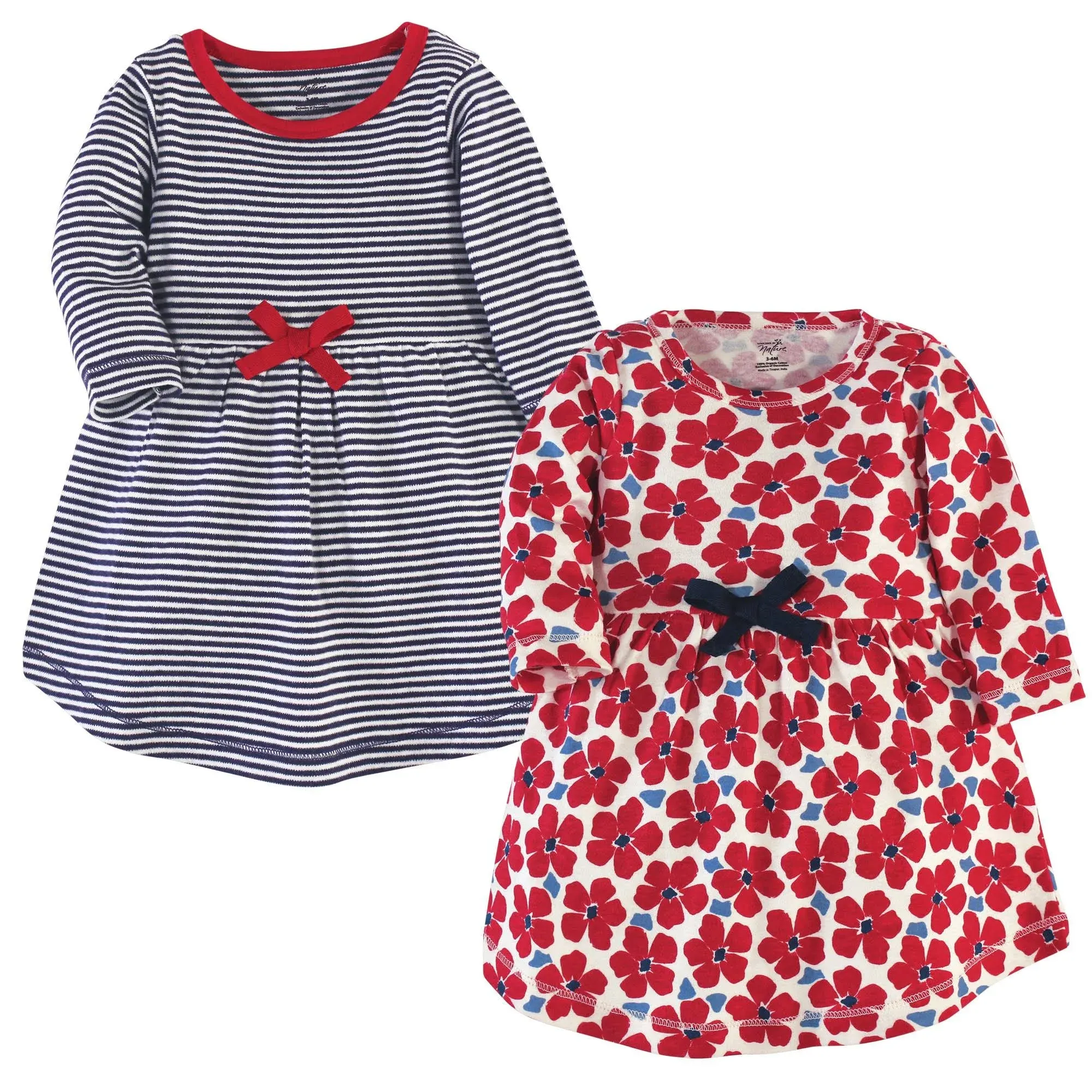 Touched by Nature Toddler Organic Cotton Dresses, Red Flowers Long Sleeve 2-Pack