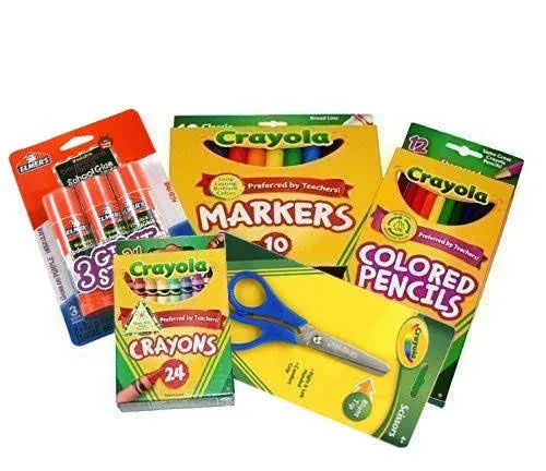 Basic Crayola Back to School Bundle - 5 Items - Crayola Crayons, Crayola Markers, Crayola Colored Pencils, Elmer&#39;s Glue Sticks and Child Scissors