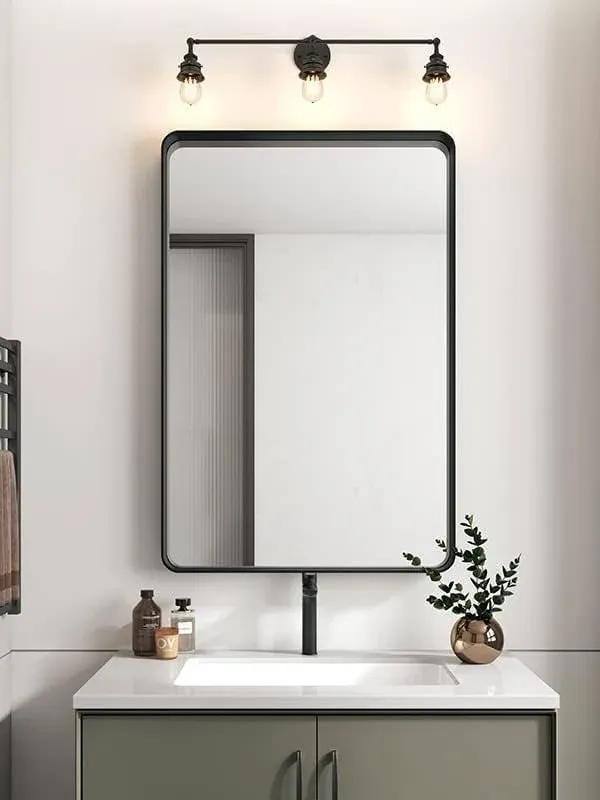 Modern Black Frame Bathroom Mirror for Wall, 30 x 22 Inch Rectangle Round Matte